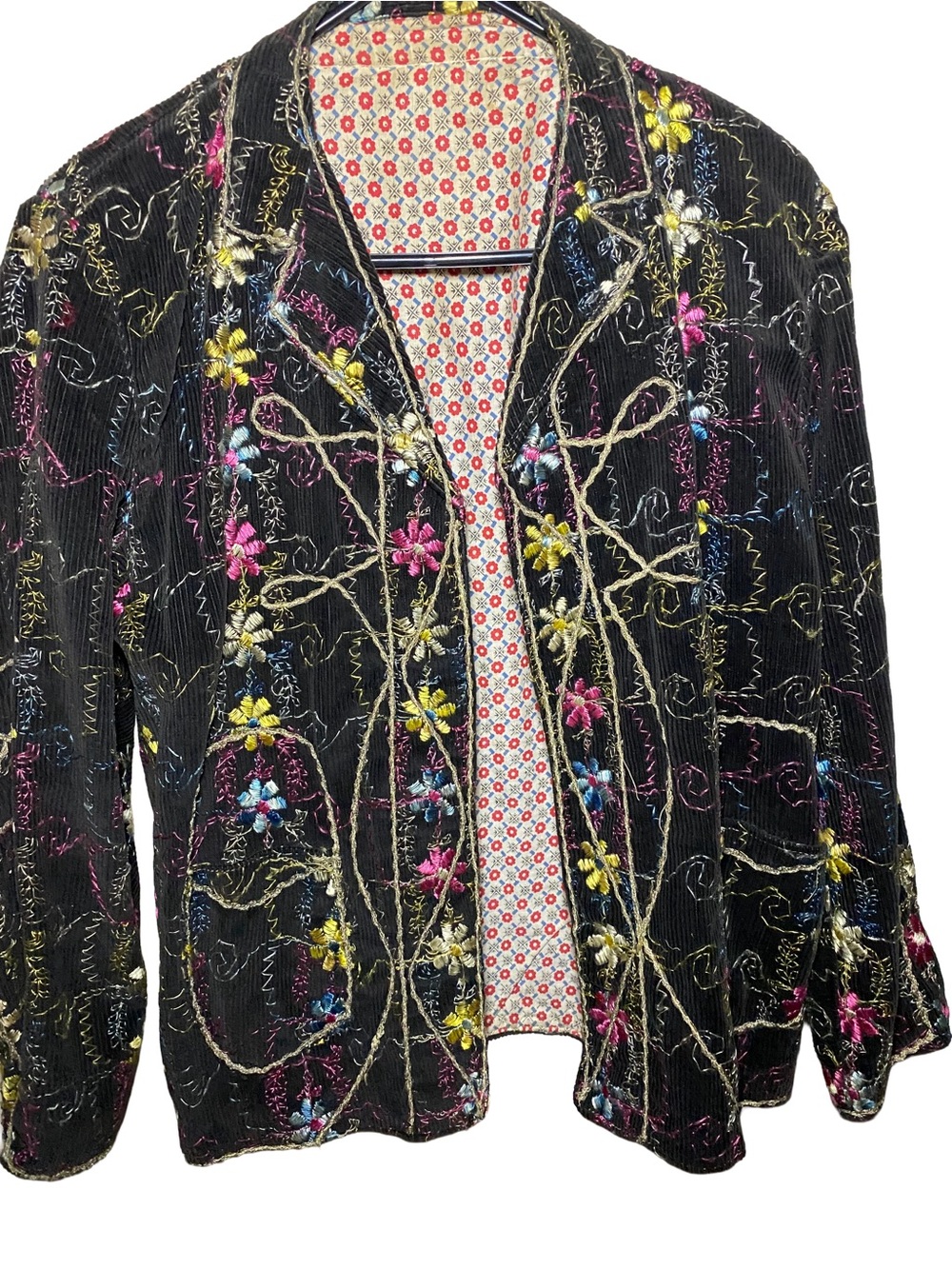 Vintage Black Corduroy Embroidered Floral Jacket Boho 1990s